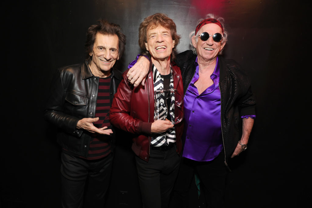 NEW YORK, NEW YORK - OCTOBER 19:  (Exclusive Coverage) Ronnie Wood, Mick Jagger and Keith Richards backstage before The Rolling Stones surprise set in celebration of their new album “Hackney Diamonds” at Racket NYC on October 19, 2023 in New York City