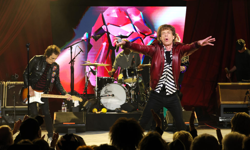 NEW YORK, NEW YORK - OCTOBER 19:  (Exclusive Coverage) Ronnie Wood and Mick Jagger perform during The Rolling Stones surprise set in celebration of their new album “Hackney Diamonds” at Racket NYC on October 19, 2023 in New York City.